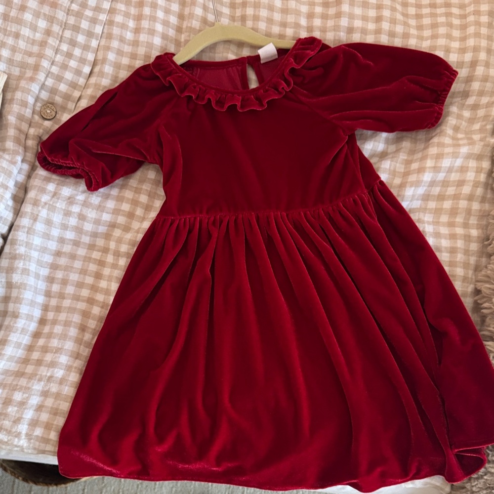 GAP Girls Velvet Ruffle Neck Dress - Deep Red